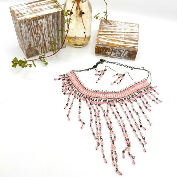 Vintage Fringe Chain Link Choker Necklace Set - Picture 1 of 5